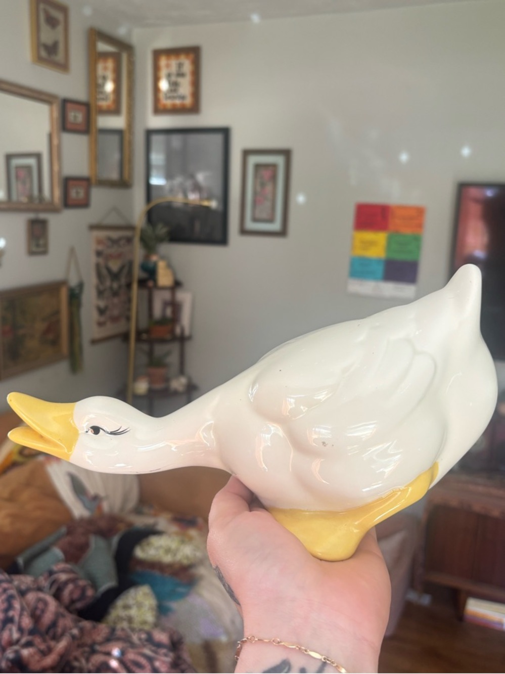 Vintage Ceramic White and Yellow Duck Figurine – Decorative Home Accent